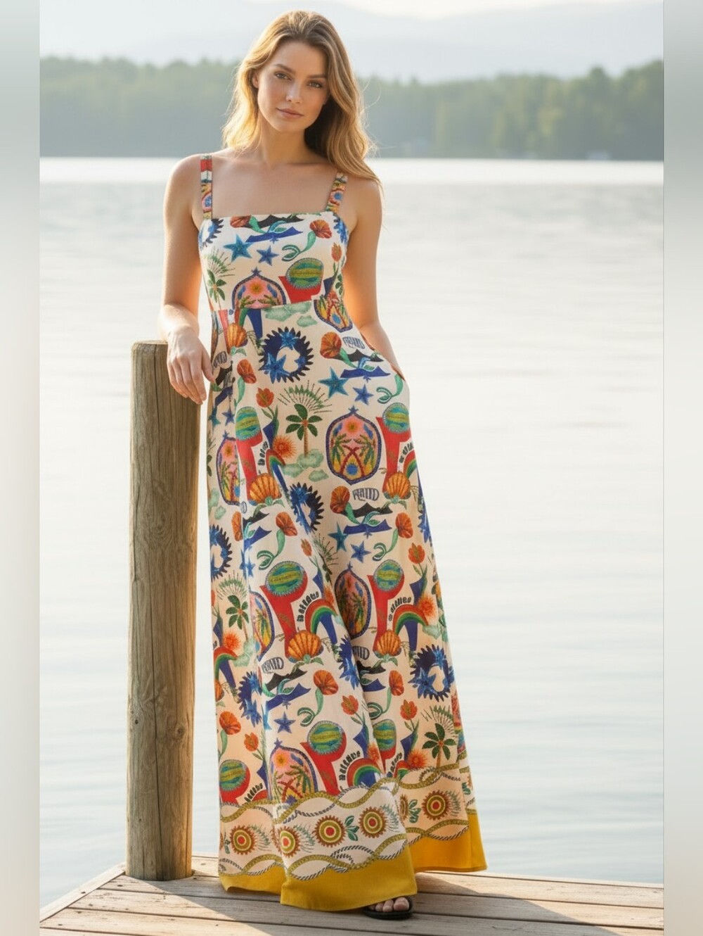 Tropical Palm Paradise Square Neck Smocked Back Side Pocket Maxi Dress